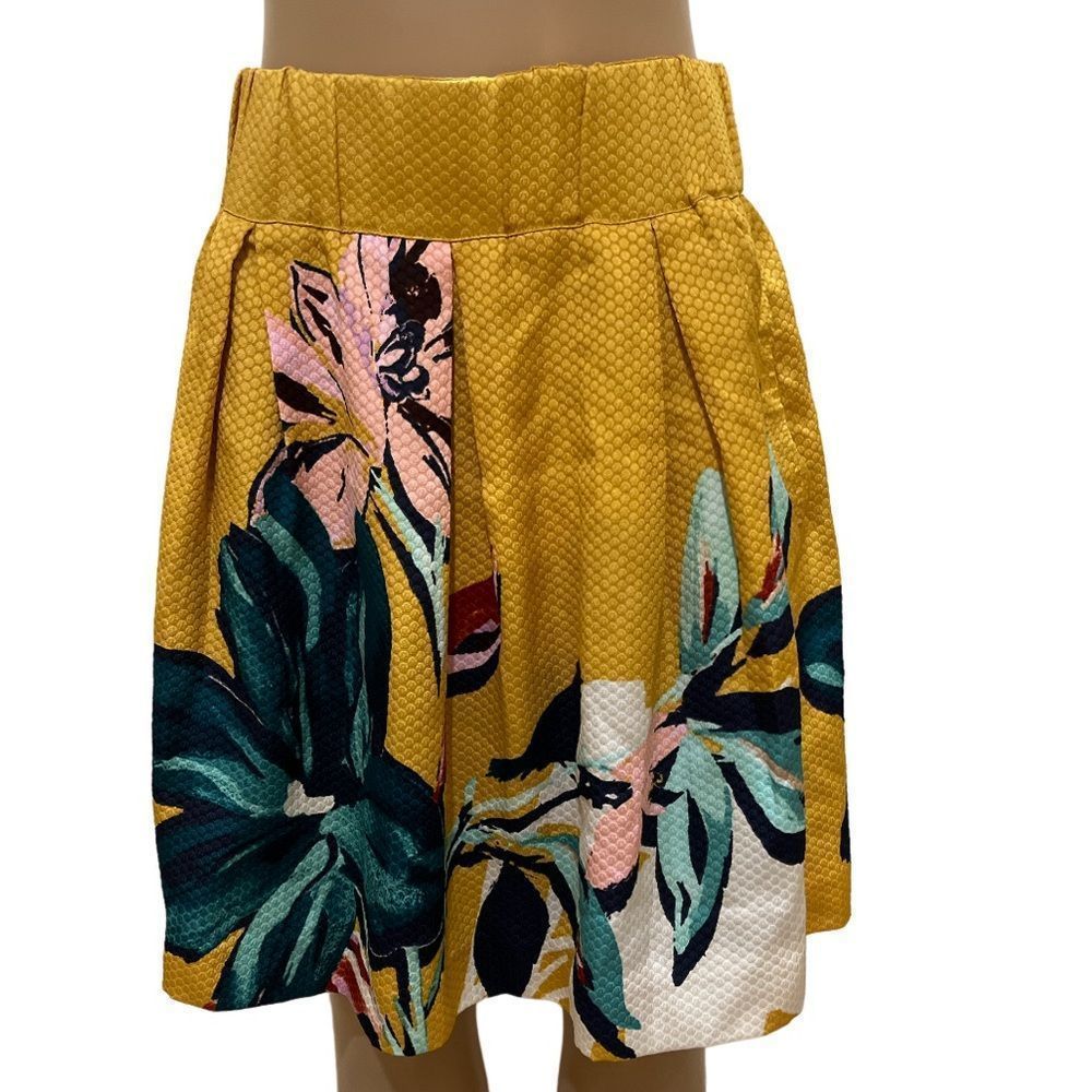 Anthropologie Maeve Yellow Gold Floral Bird Print Skirt - Picture 2 of 11